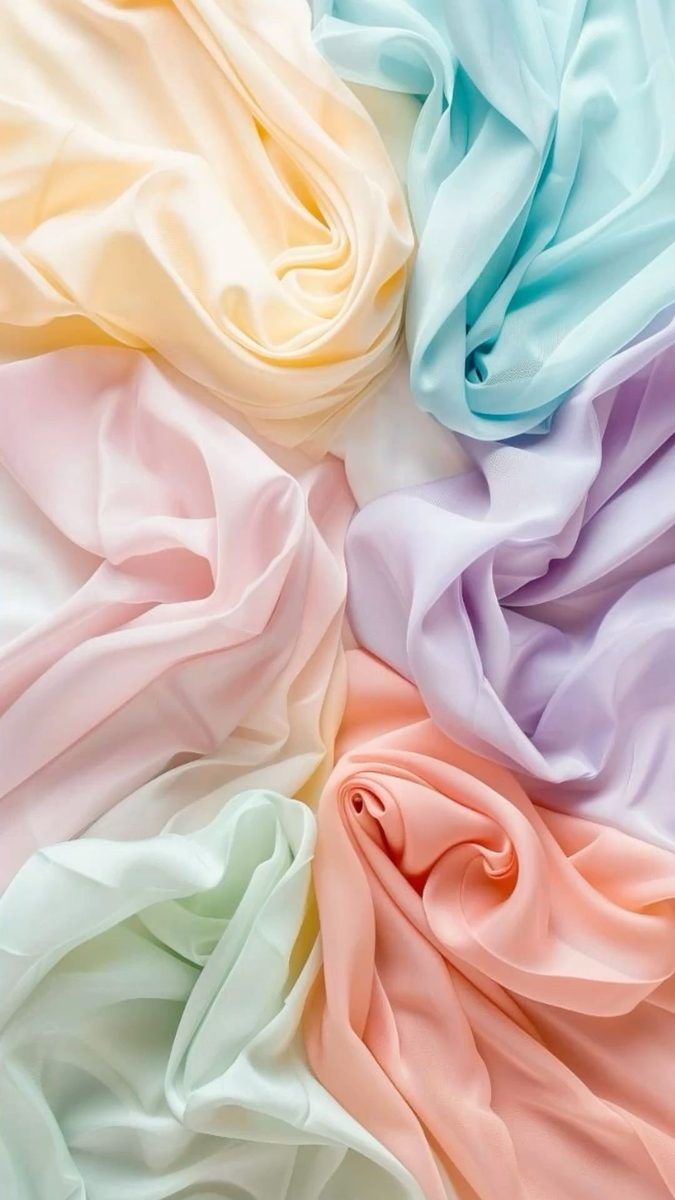 Étoffes pastel superposées : jaune, menthe, rose et lilas.